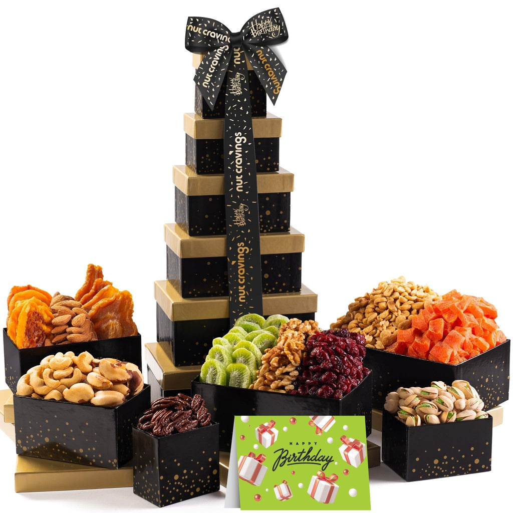 Happy Birthday Nuts & Dried Fruits Tower Gift Basket NCG100045