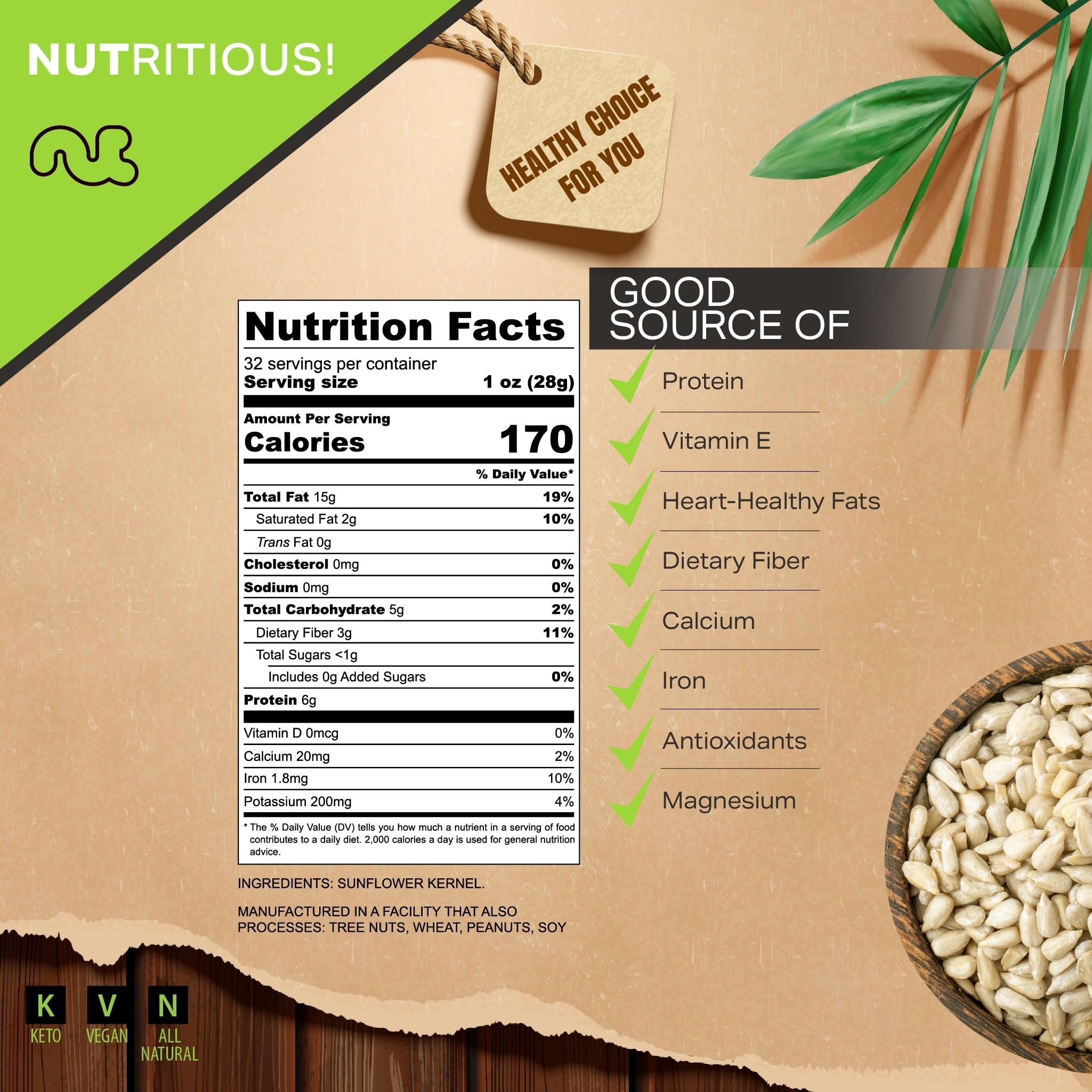 NUT CRAVINGS - Raw Sunflower Seeds Kernels to eat, Unsalted, Shelled Hulled, (32oz - 2 LB) Bulk Nuts Packed Fresh in Resealable Bag - Kosher Healthy Snack, Natural Keto - Ideal for Trail Mixed Nuts