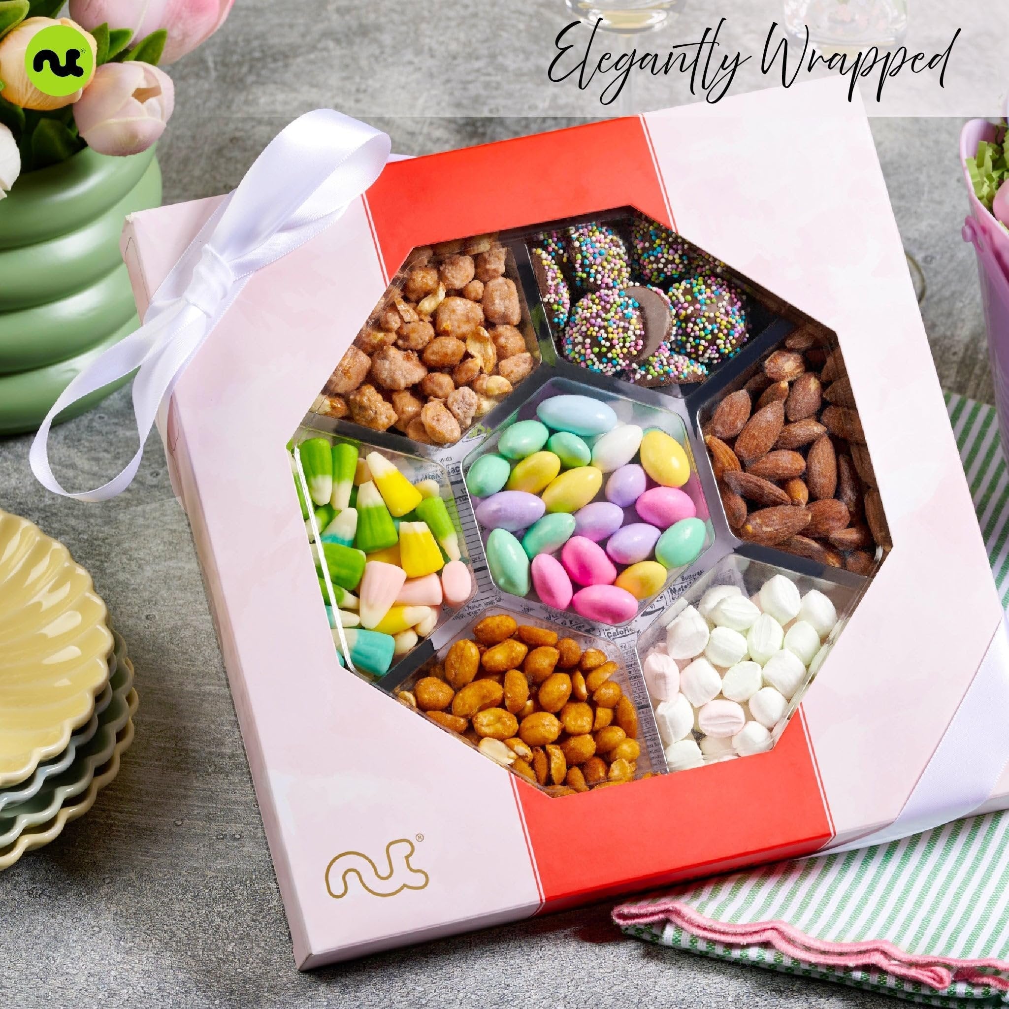 Easter Candies & Mixed Nuts Gift Basket in Red & Gold Box