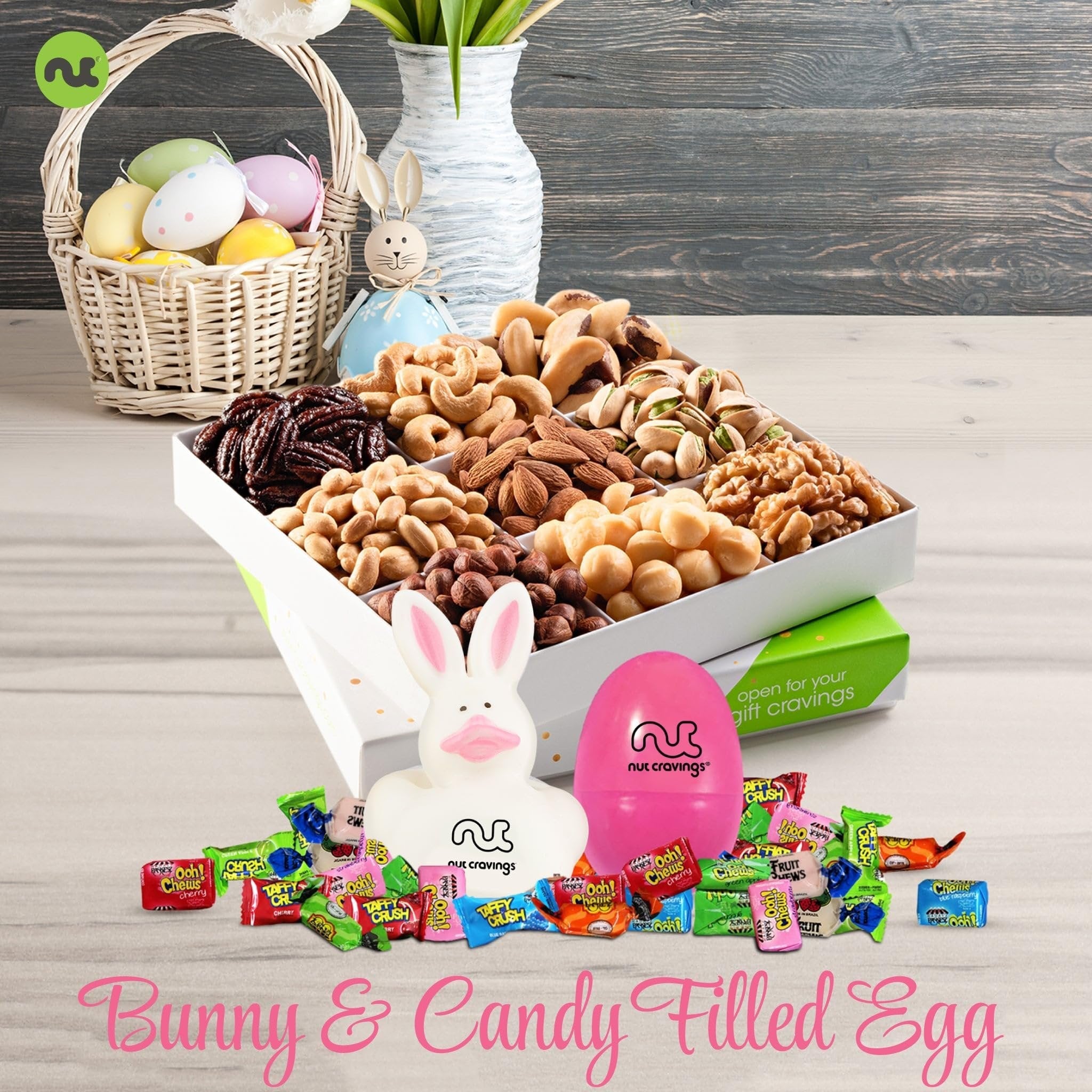 Easter Candies & Mixed Nuts Gift Basket with Happy Easter Ribbon